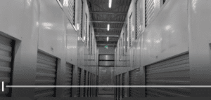 Sky locker units mounted above a self-storage corridor